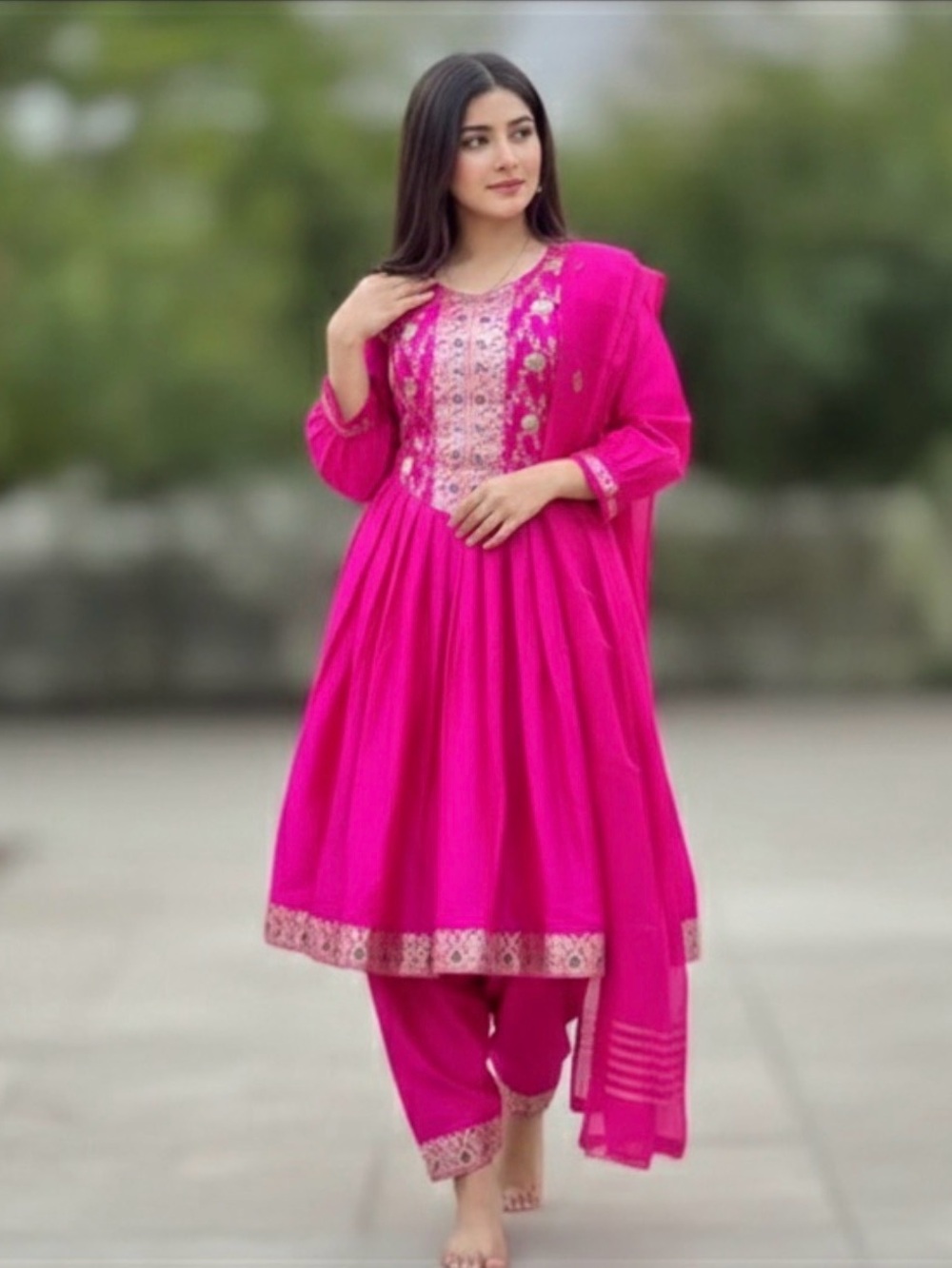 Hot Pink Silk Salwar Suit Set - Picture 1 of 2